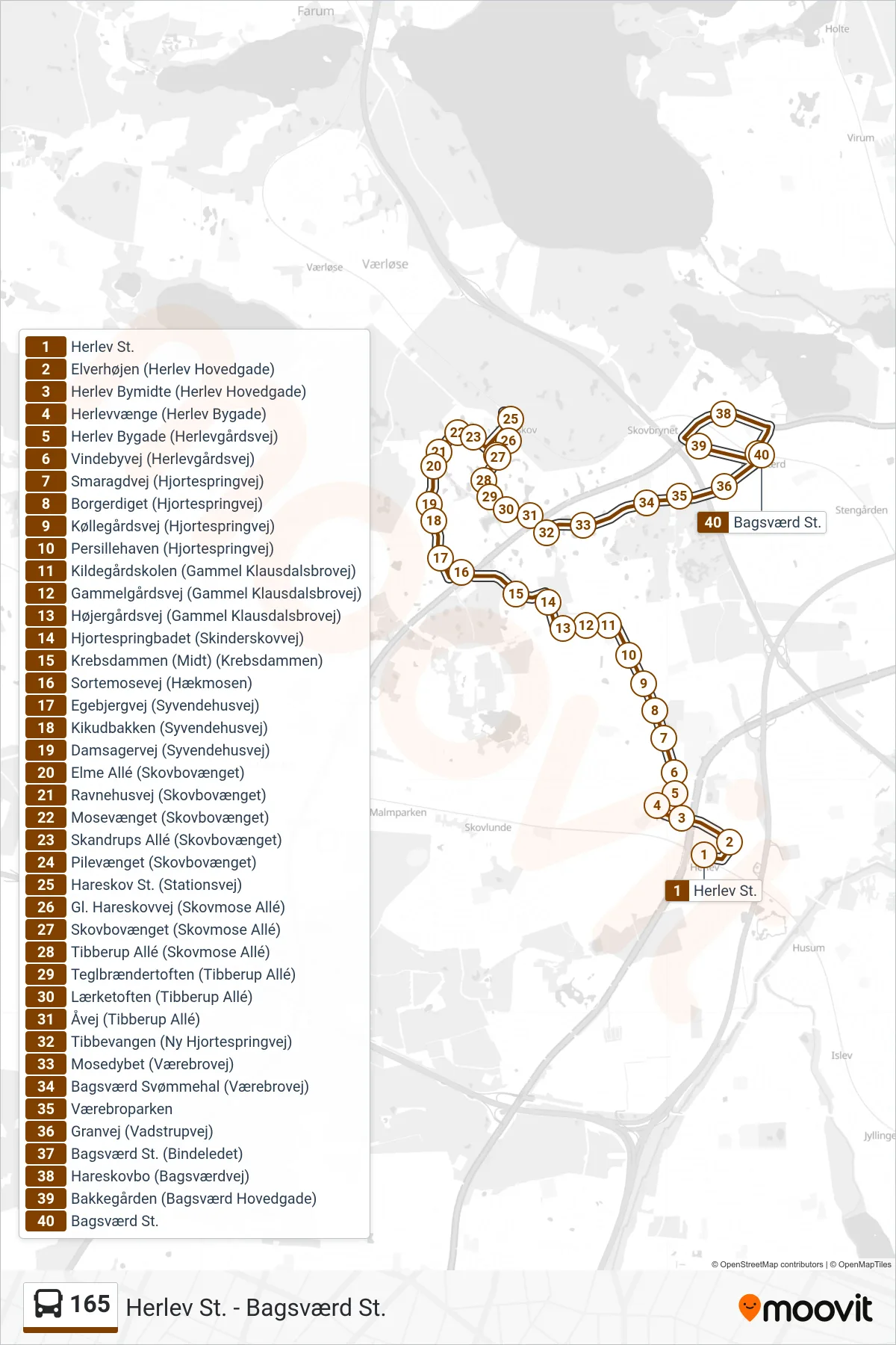 165 bus Line (Bagsværd St.) route and stops on a map