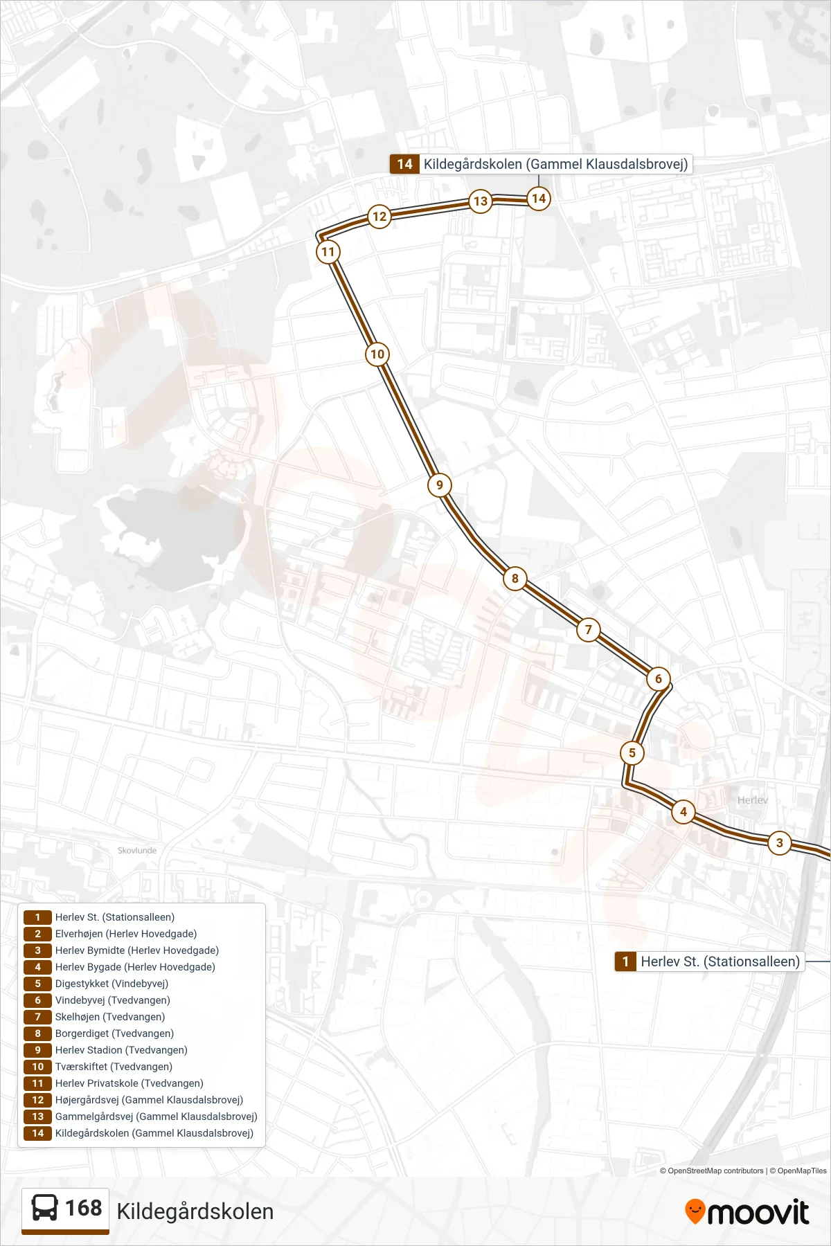 168 bus Linje (Kildegårdskolen) rute og stop på et kort
