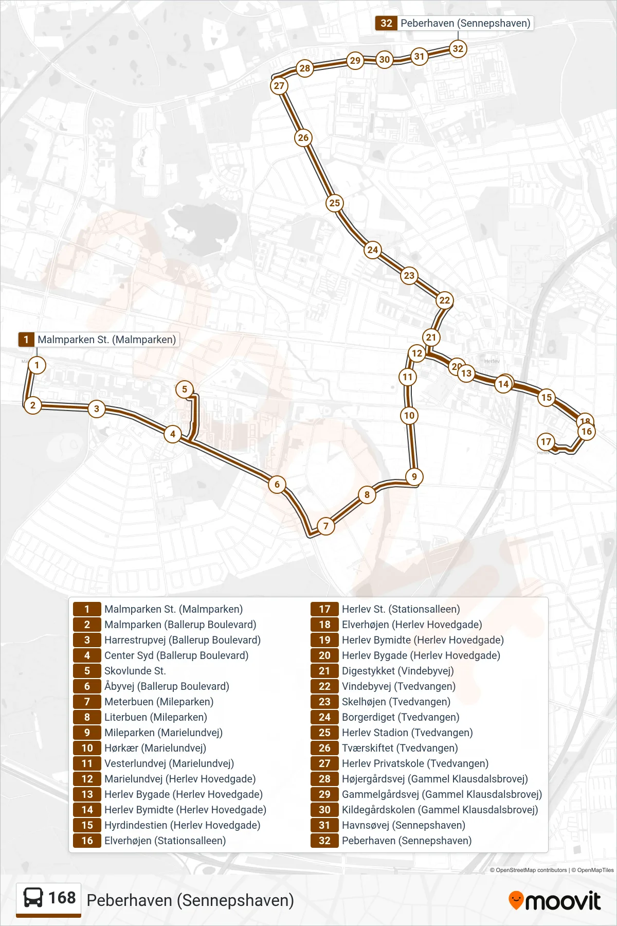 168 bus Linje (Peberhaven (Sennepshaven)) rute og stop på et kort