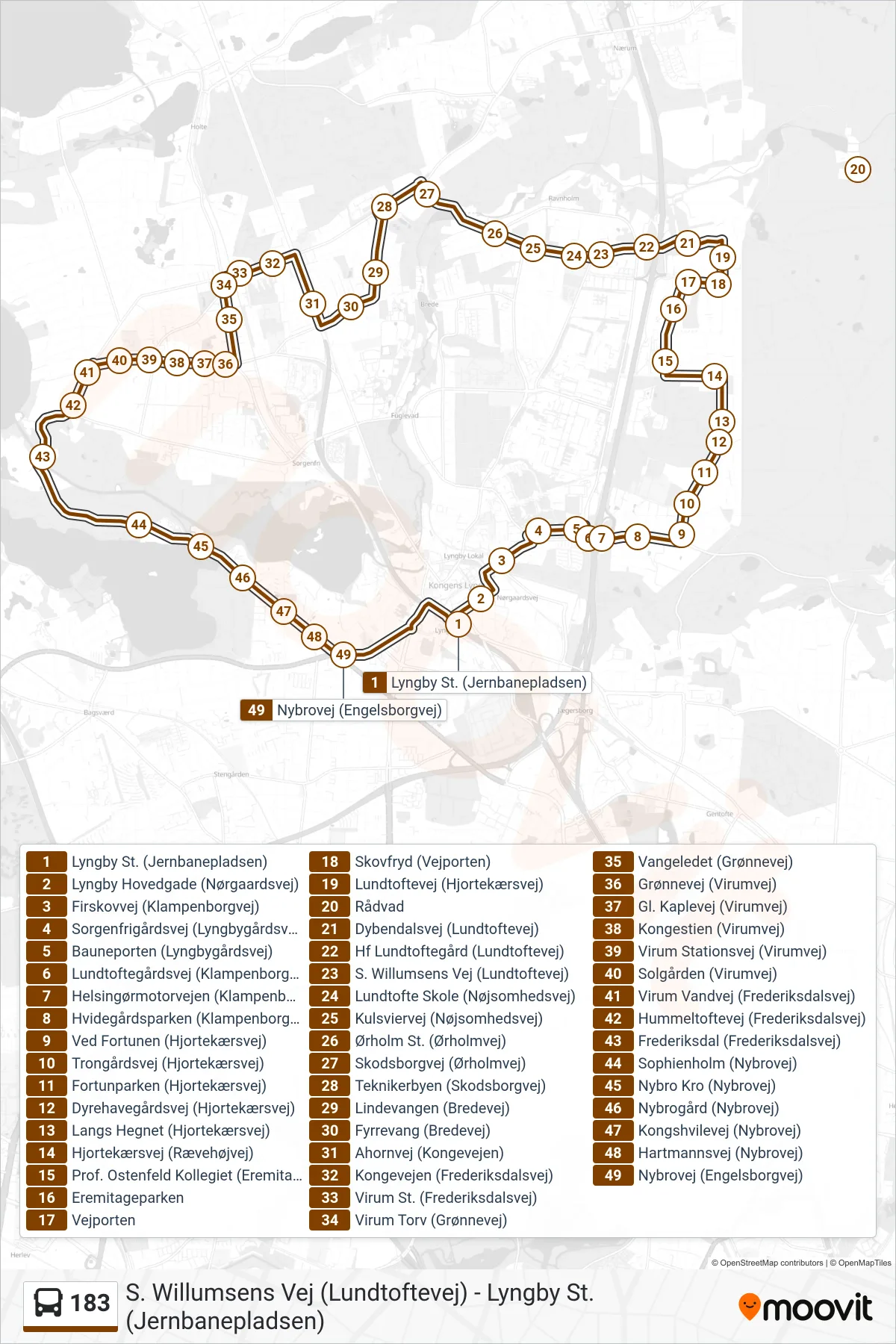 183 bus Linje (Lyngby St.) rute og stop på et kort