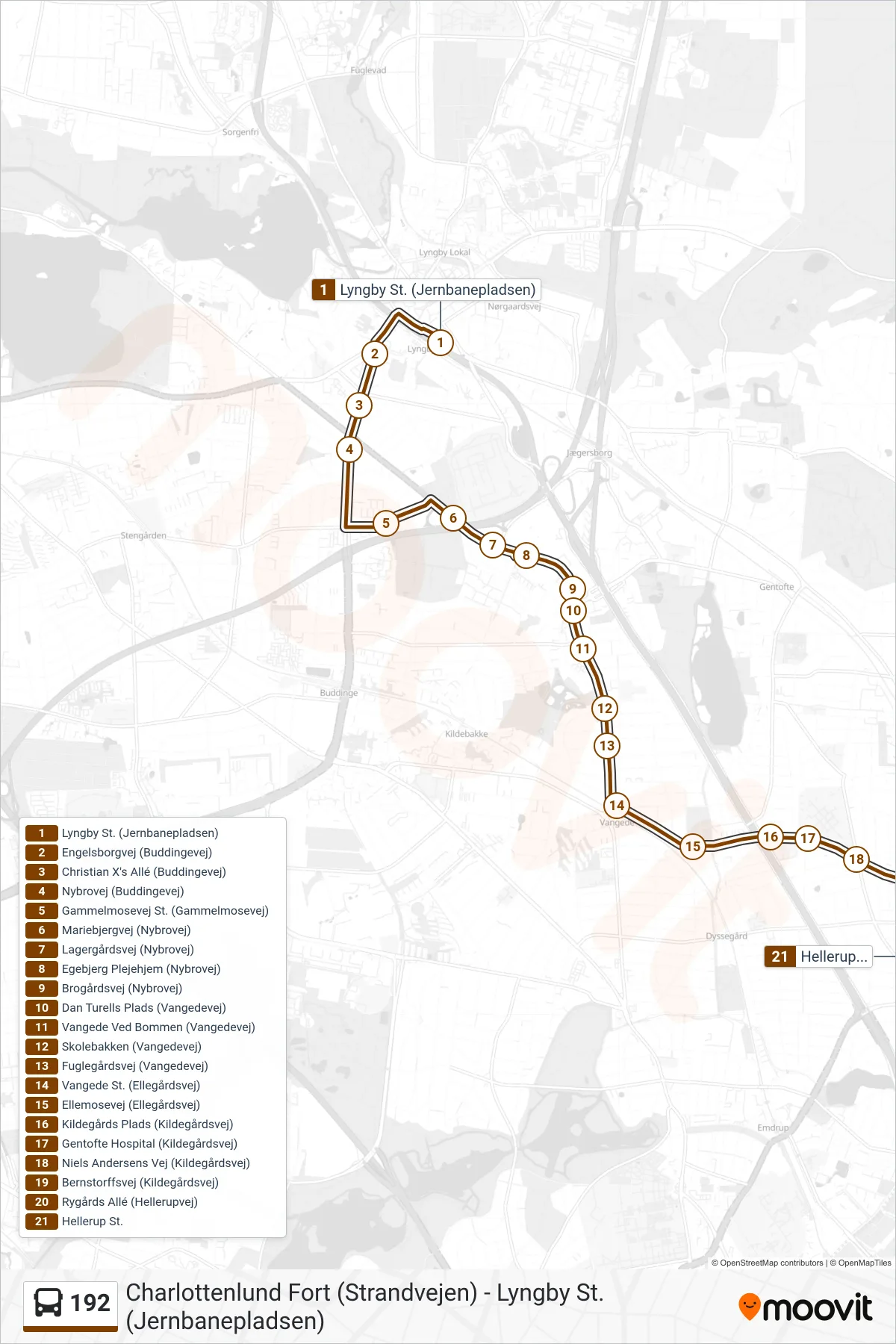 192 bus Linje (Hellerup St.) rute og stop på et kort