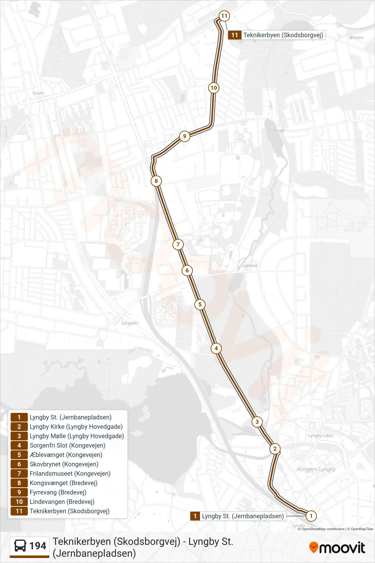 194 bus Linje (Teknikerbyen) rute og stop på et kort