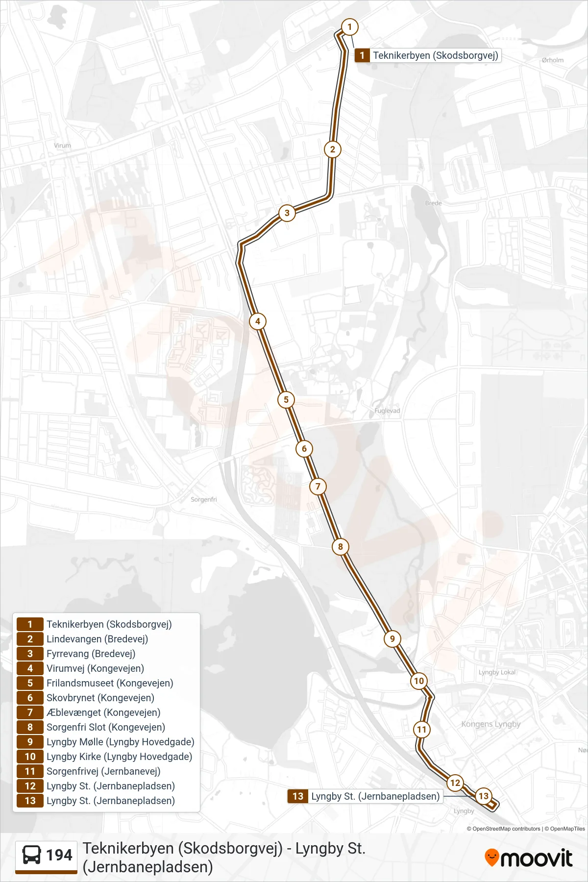 194 bus Linje (Lyngby St.) rute og stop på et kort
