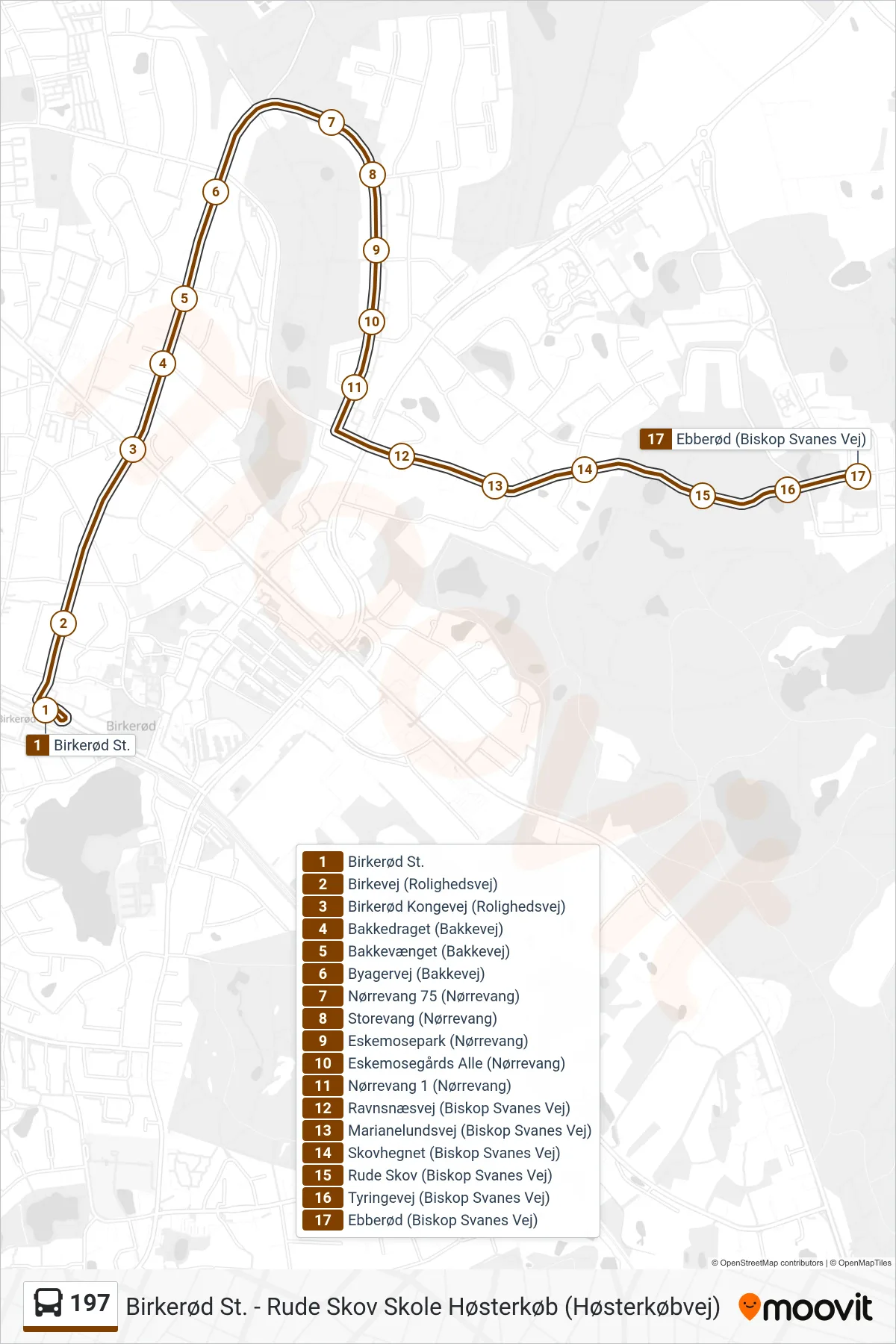 197 bus Line (Ebberød) route and stops on a map