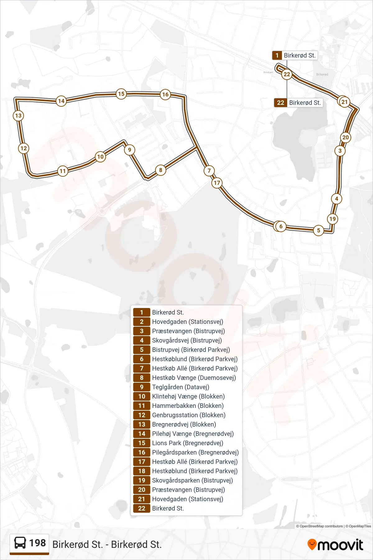 198 bus Linje (Birkerød St.) rute og stop på et kort
