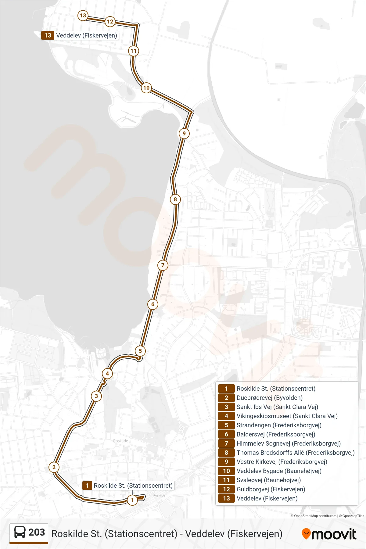 203 bus Linje (Veddelev) rute og stop på et kort