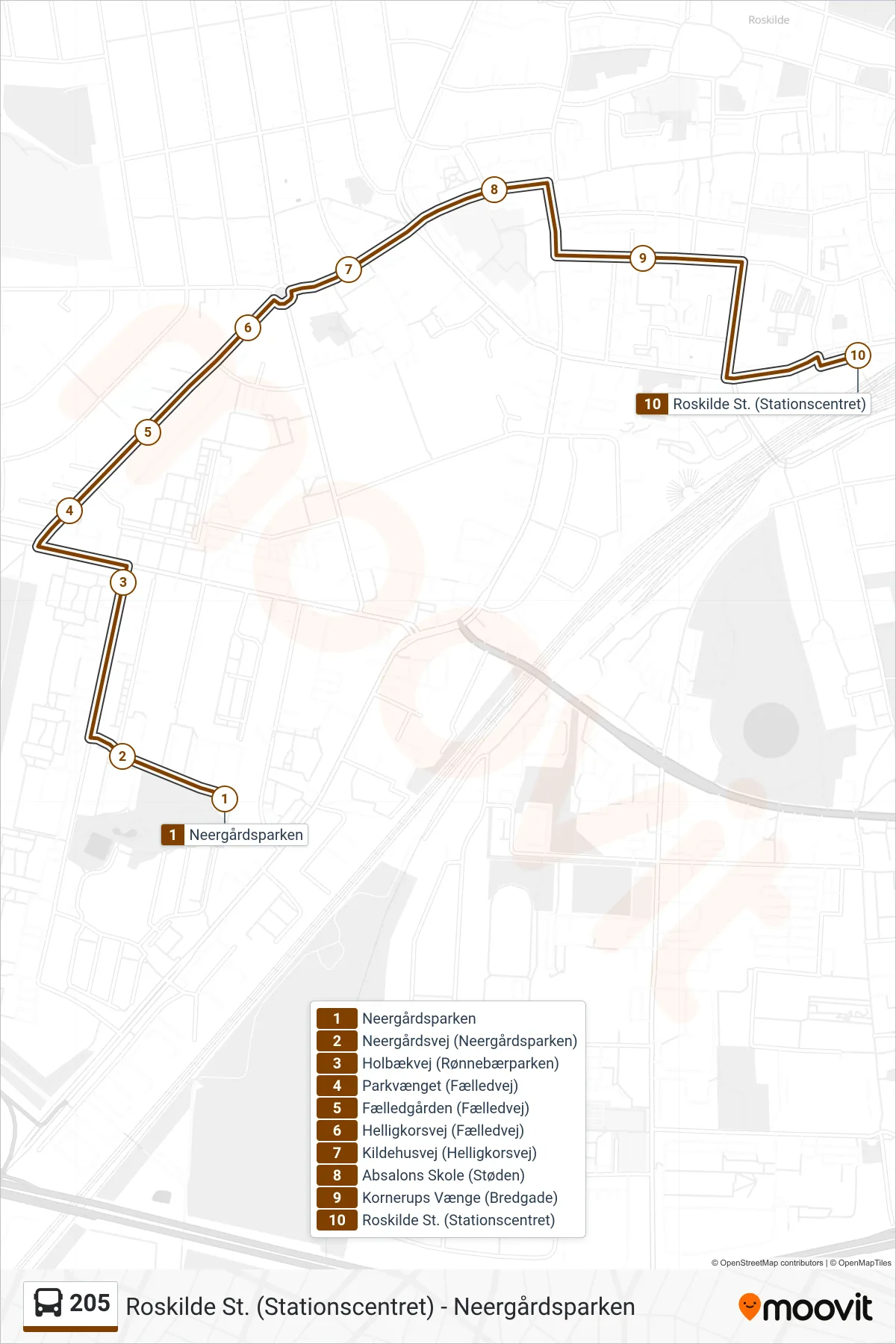 205 bus Linje (Roskilde St.) rute og stop på et kort