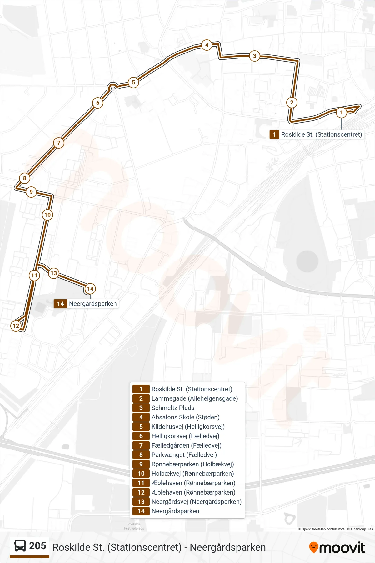 205 bus Linje (Neergårdsparken) rute og stop på et kort