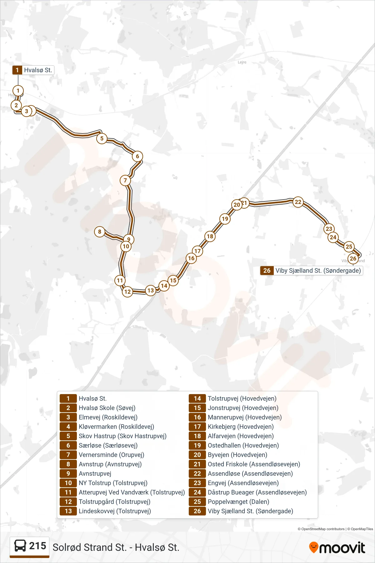 215 bus Line (Viby Sjælland St.) route and stops on a map
