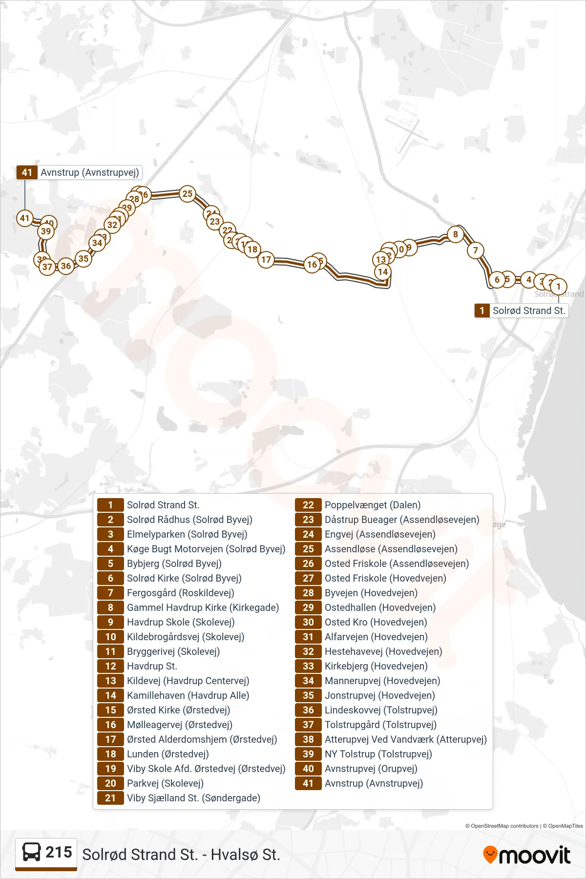 215 bus Linje (Avnstrup) rute og stop på et kort