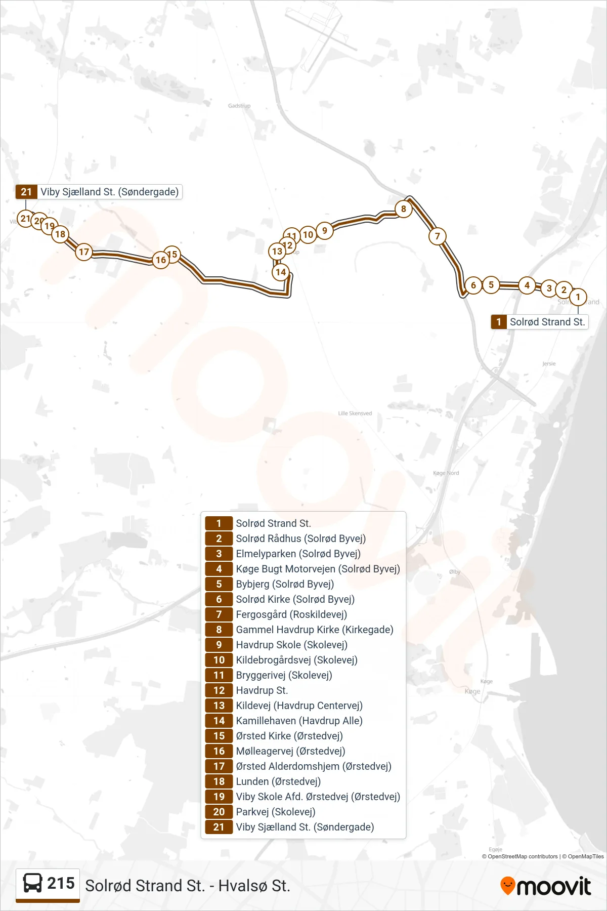 215 bus Line (Viby Sjælland St.) route and stops on a map