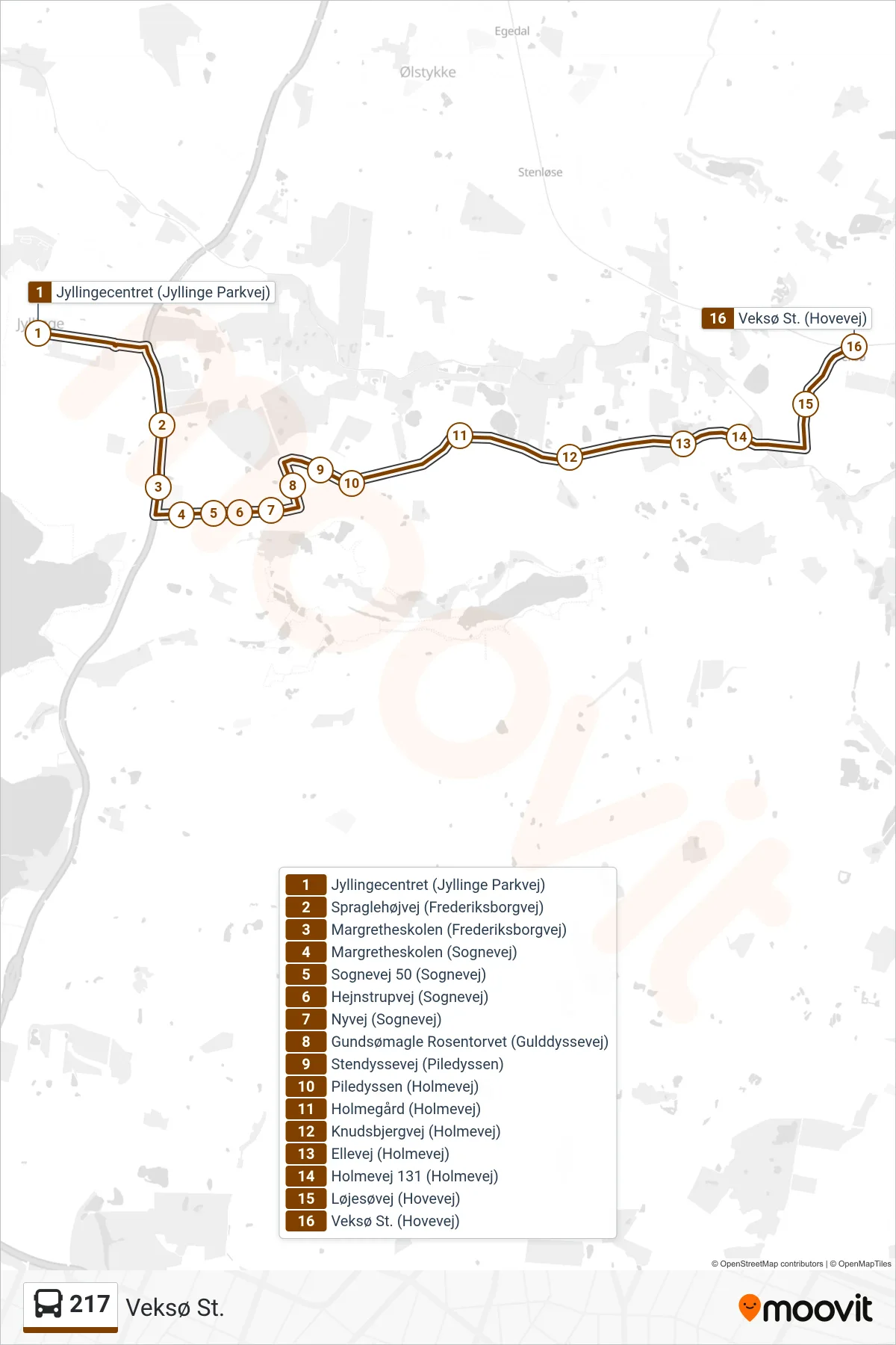217 bus Linje (Veksø St.) rute og stop på et kort