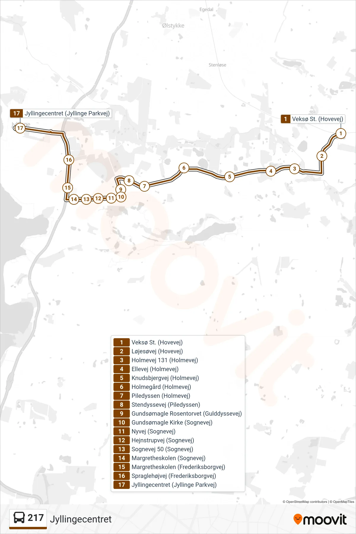 217 bus Linje (Jyllingecentret) rute og stop på et kort