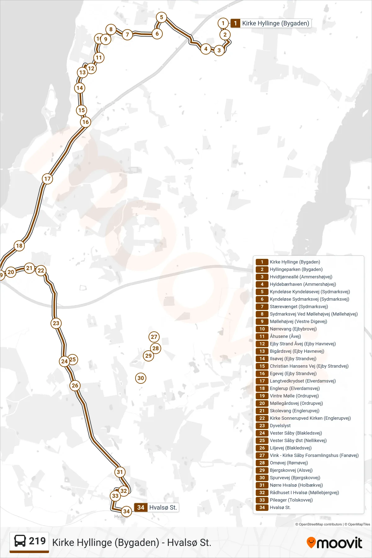 219 bus Linje (Hvalsø St.) rute og stop på et kort