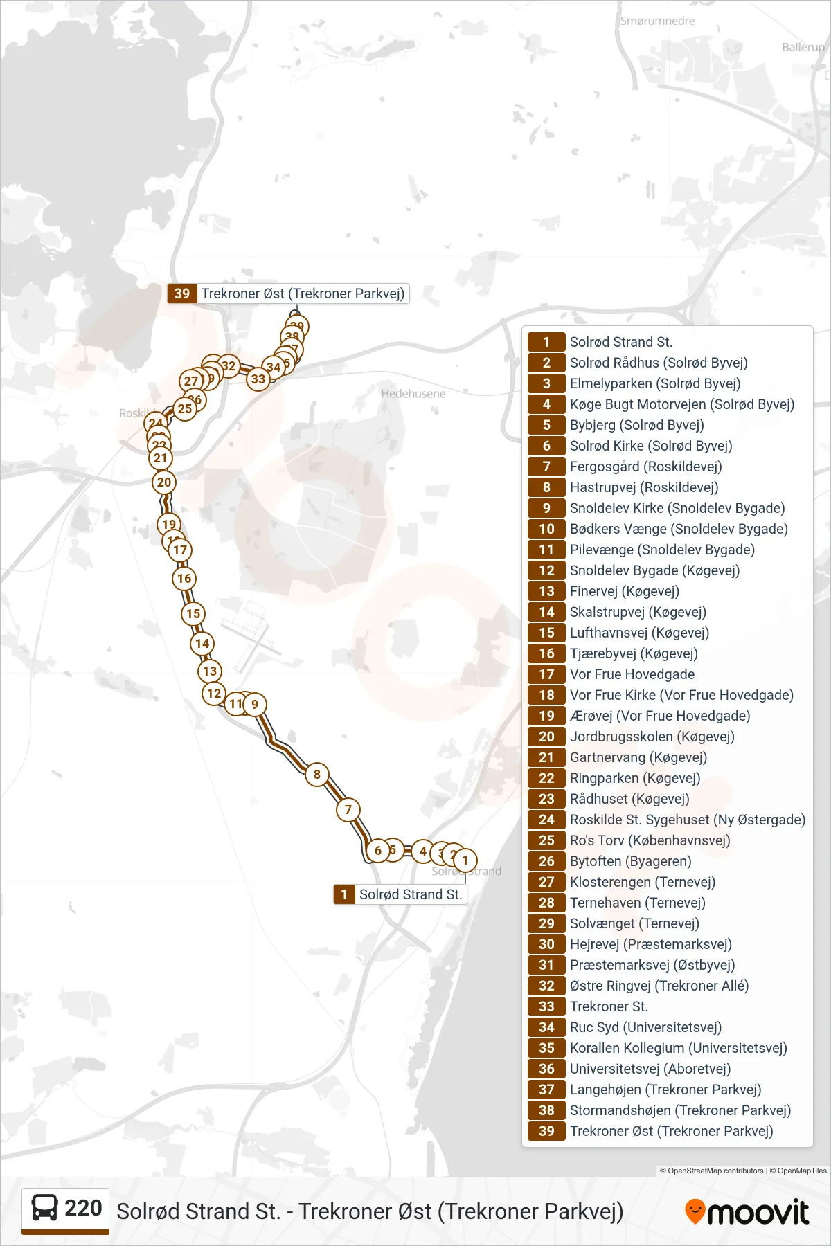 220 bus Linje (Trekroner Øst) rute og stop på et kort