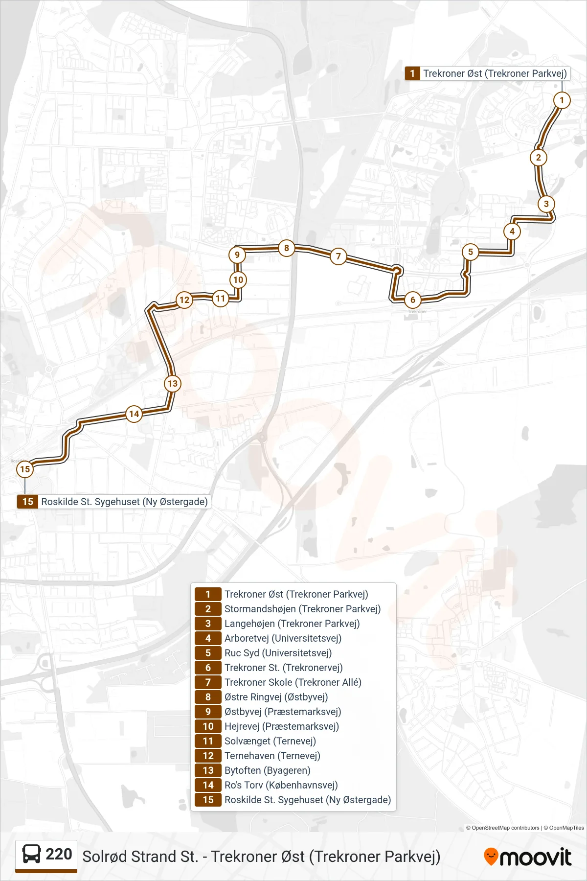 220 bus Line (Roskilde St. Sygehuset) route and stops on a map