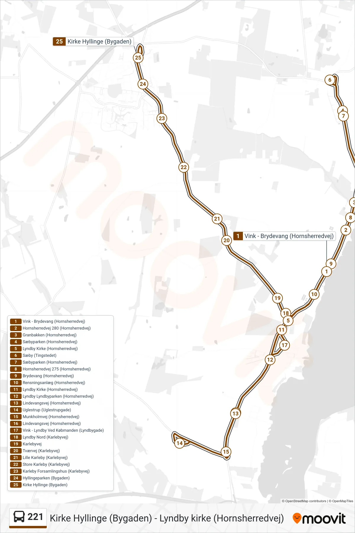 221 bus Linje (Kirke Hyllinge) rute og stop på et kort