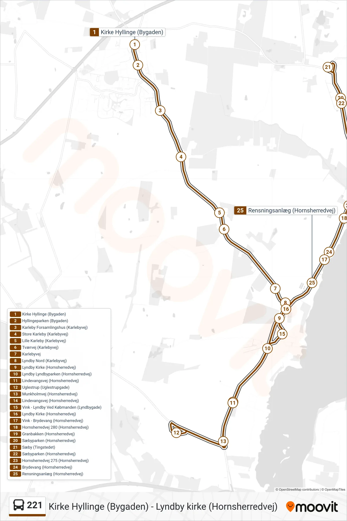 221 bus Linje (Lyndby Kirke) rute og stop på et kort