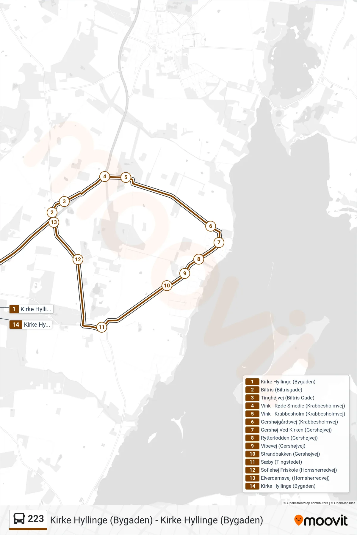 223 bus Linje (Kirke Hyllinge Via Gershøj Sæby) rute og stop på et kort