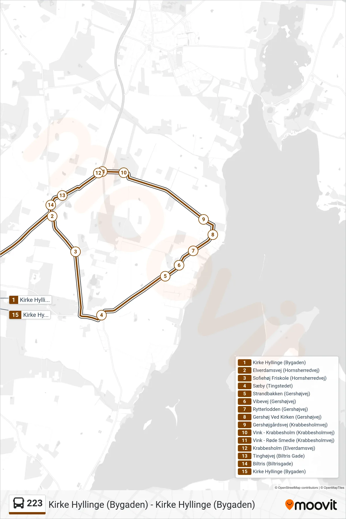 223 bus Linje (Kirke Hyllinge Via Sæby Gershøj) rute og stop på et kort