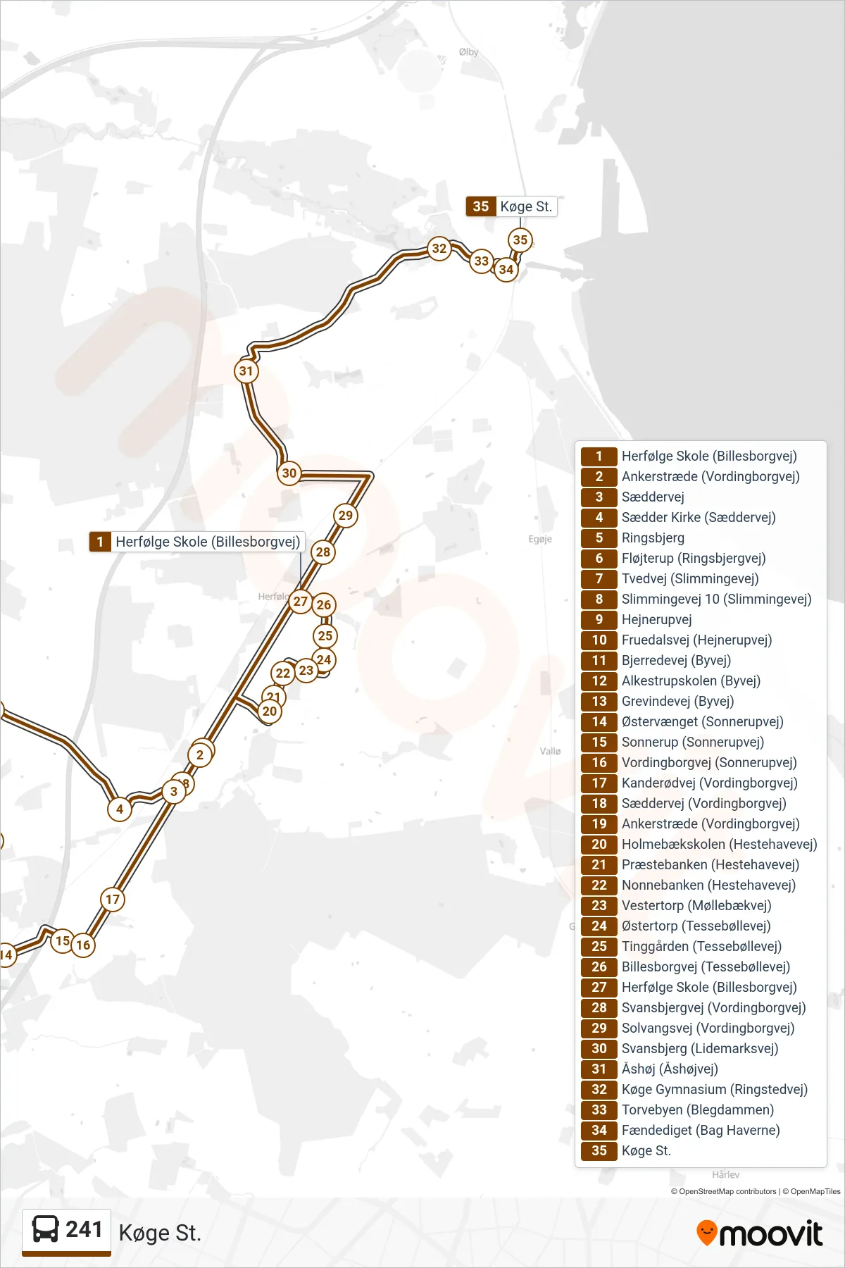 241 bus Linje (Køge St.) rute og stop på et kort