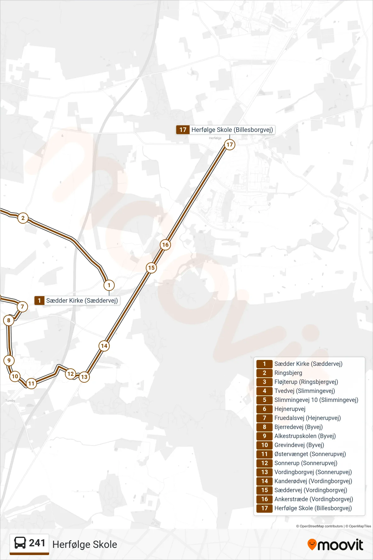 241 bus Line (Herfølge Skole) route and stops on a map