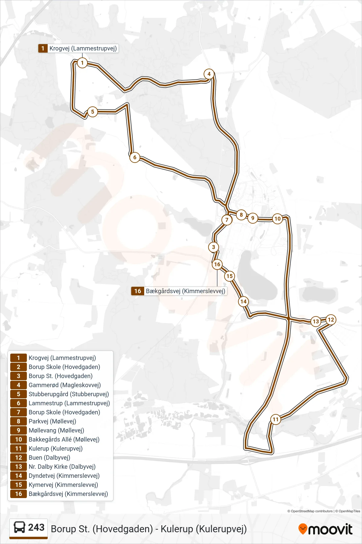 243 bus Line (Borup St. Via Stubberup) route and stops on a map