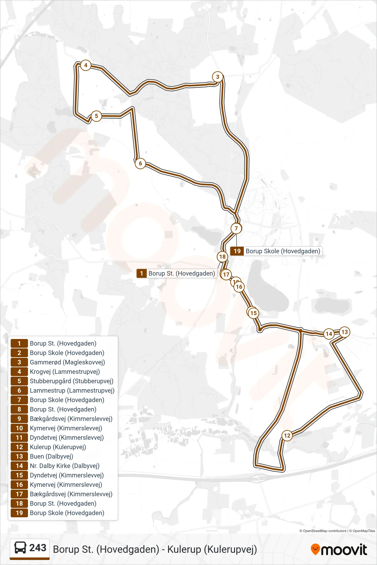 243 bus Linje (Borup Skole) rute og stop på et kort