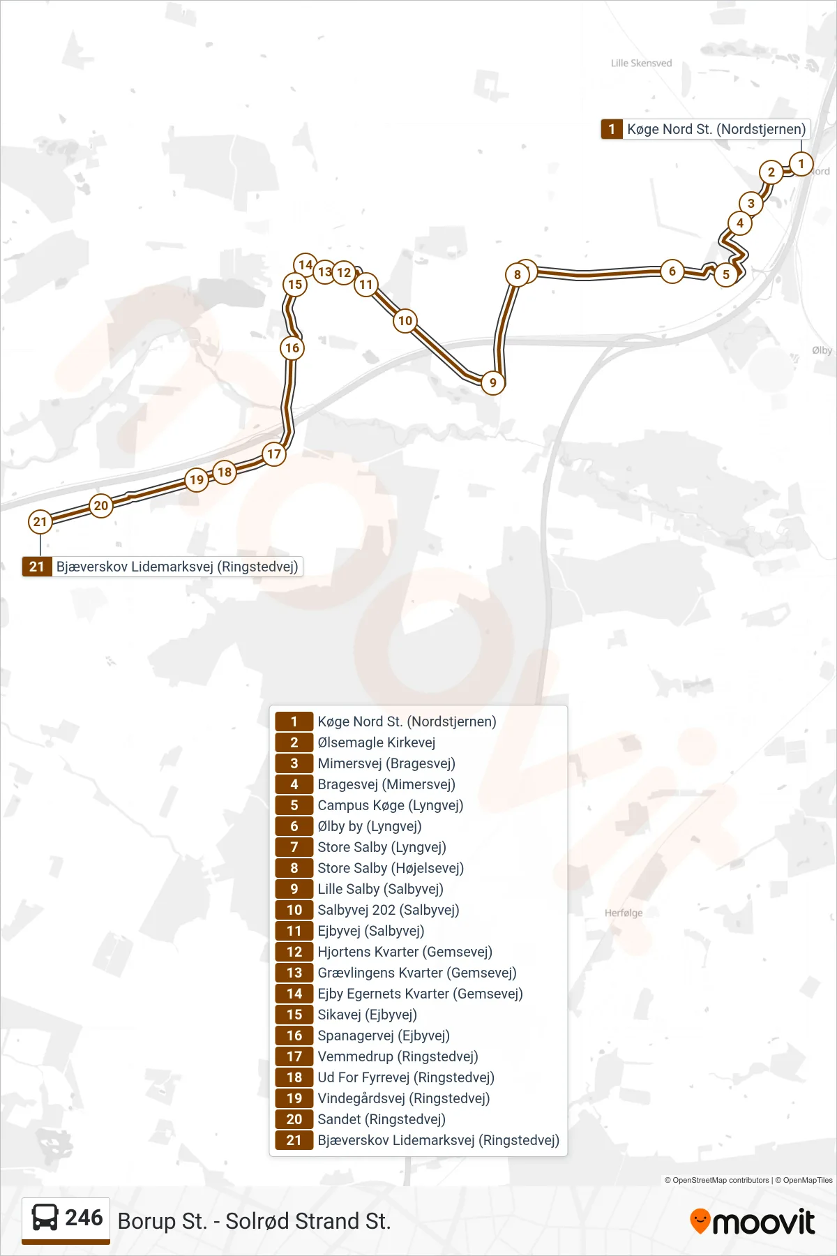 246 bus Line (Bjæverskov) route and stops on a map