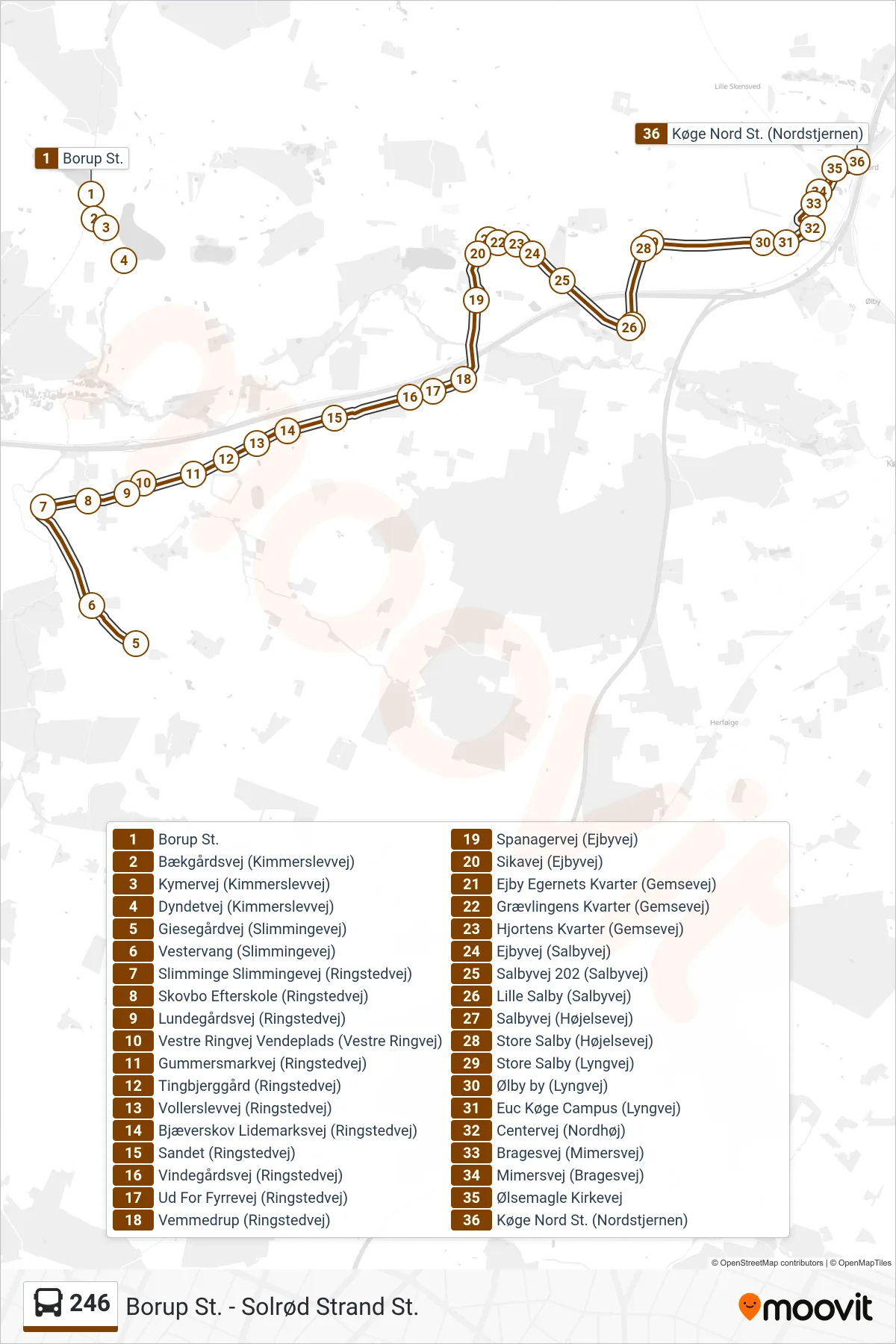 246 bus Linje (Køge Nord St.) rute og stop på et kort