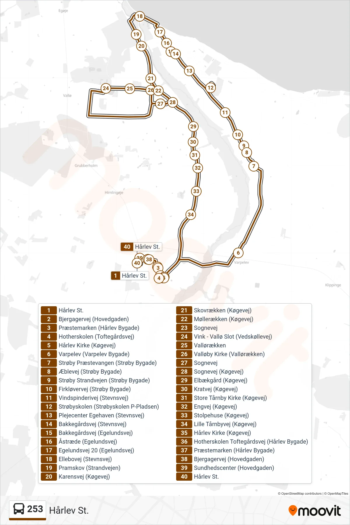 253 bus Linje (Hårlev St.) rute og stop på et kort