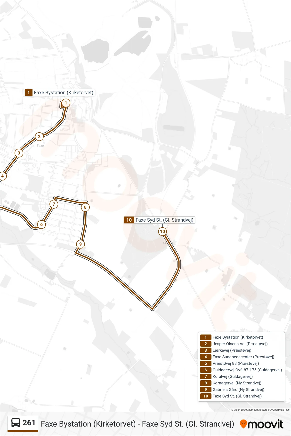 261 bus Linje (Faxe Syd St.) rute og stop på et kort