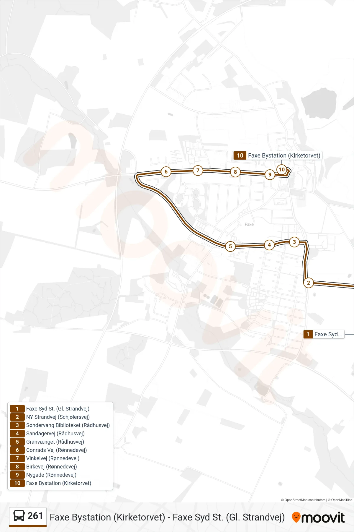 261 bus Linje (Faxe Bystation) rute og stop på et kort