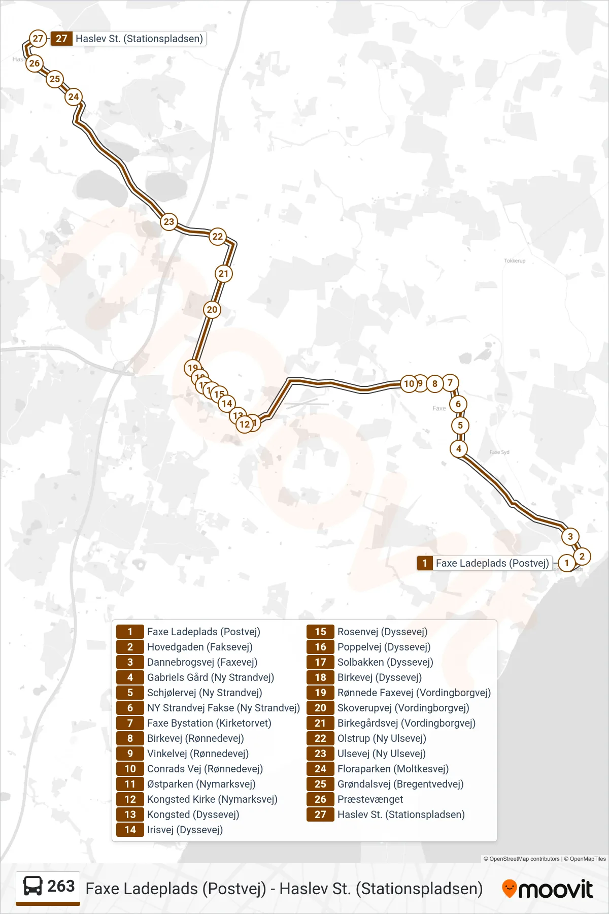 263 bus Linje (Haslev St.) rute og stop på et kort