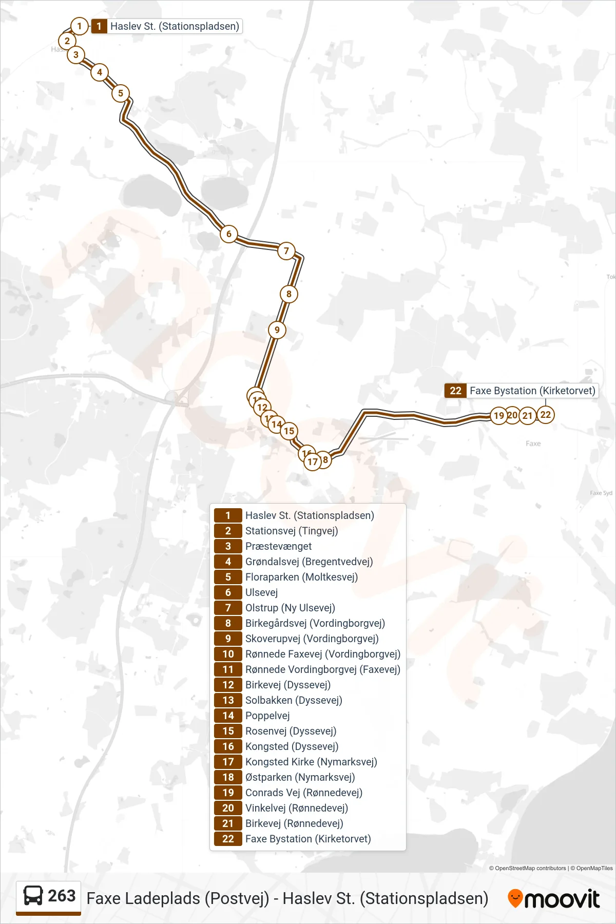 263 bus Linje (Faxe Bystation) rute og stop på et kort