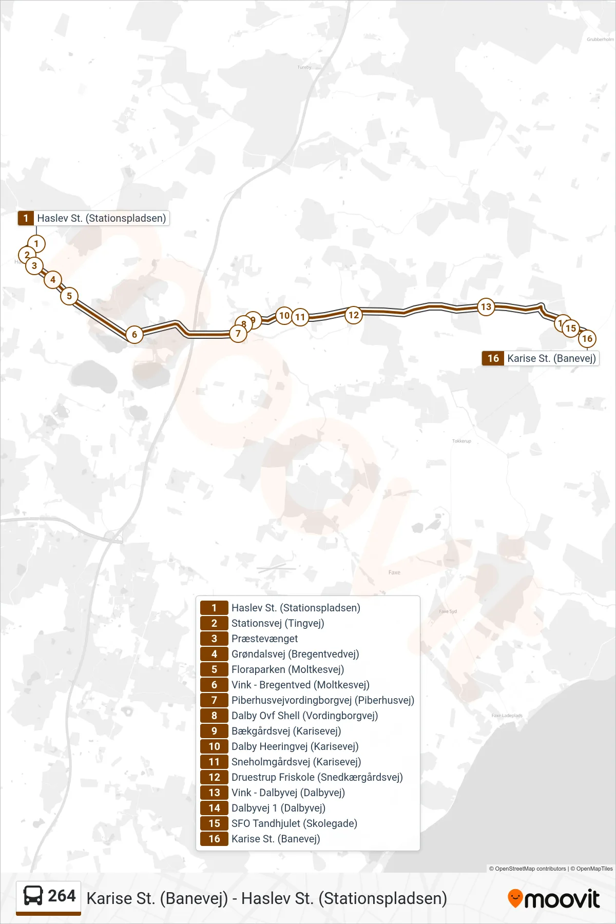 264 bus Line (Karise St.) route and stops on a map