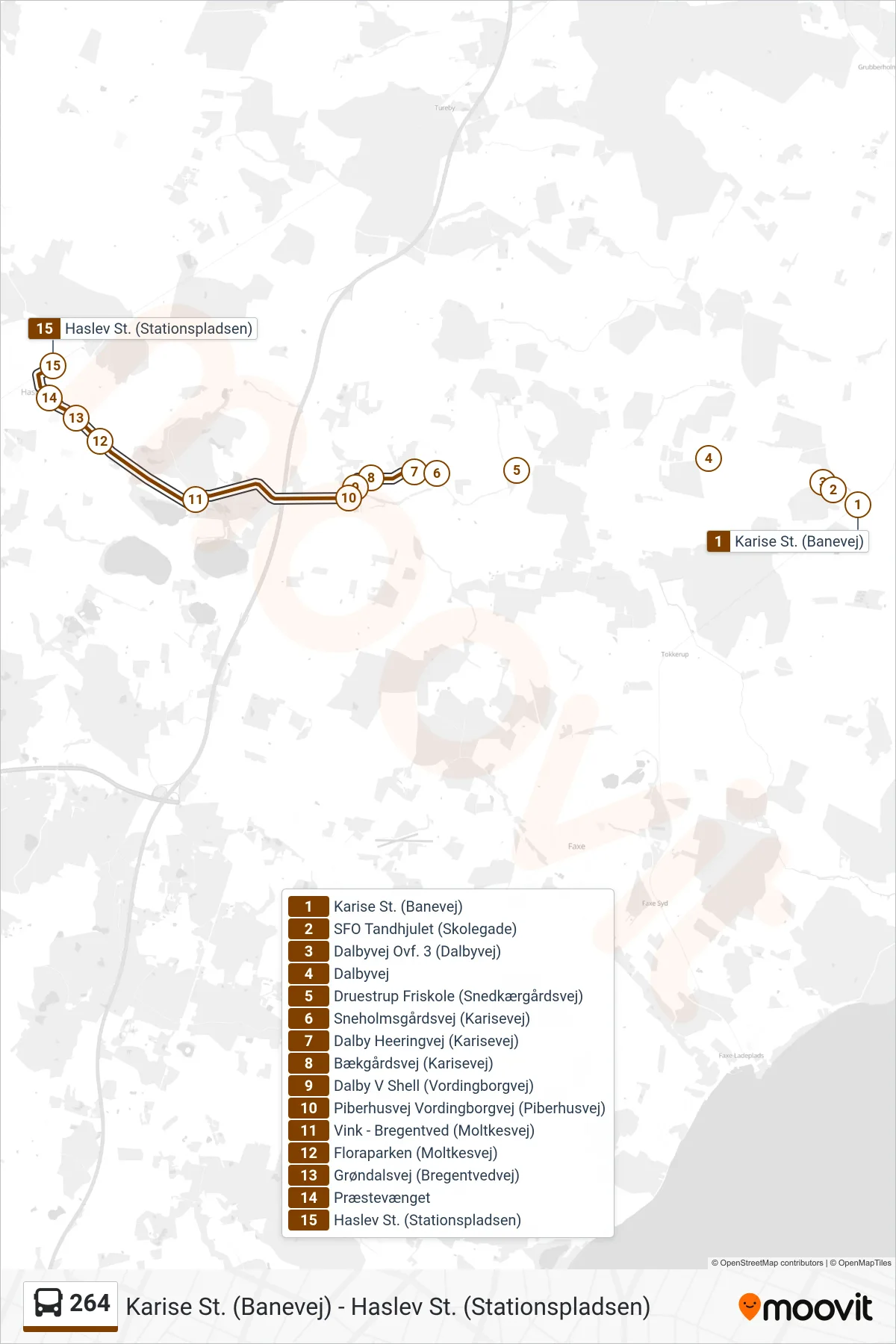 264 bus Linje (Haslev St.) rute og stop på et kort