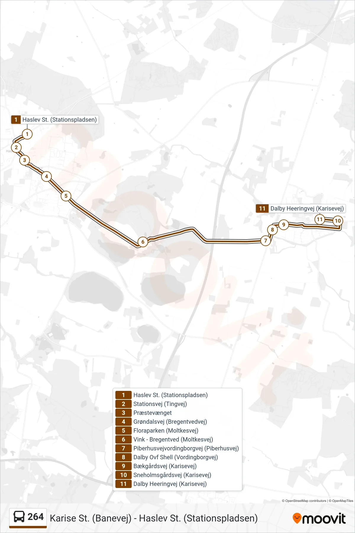 264 bus Linje (Dalby Heeringvej) rute og stop på et kort