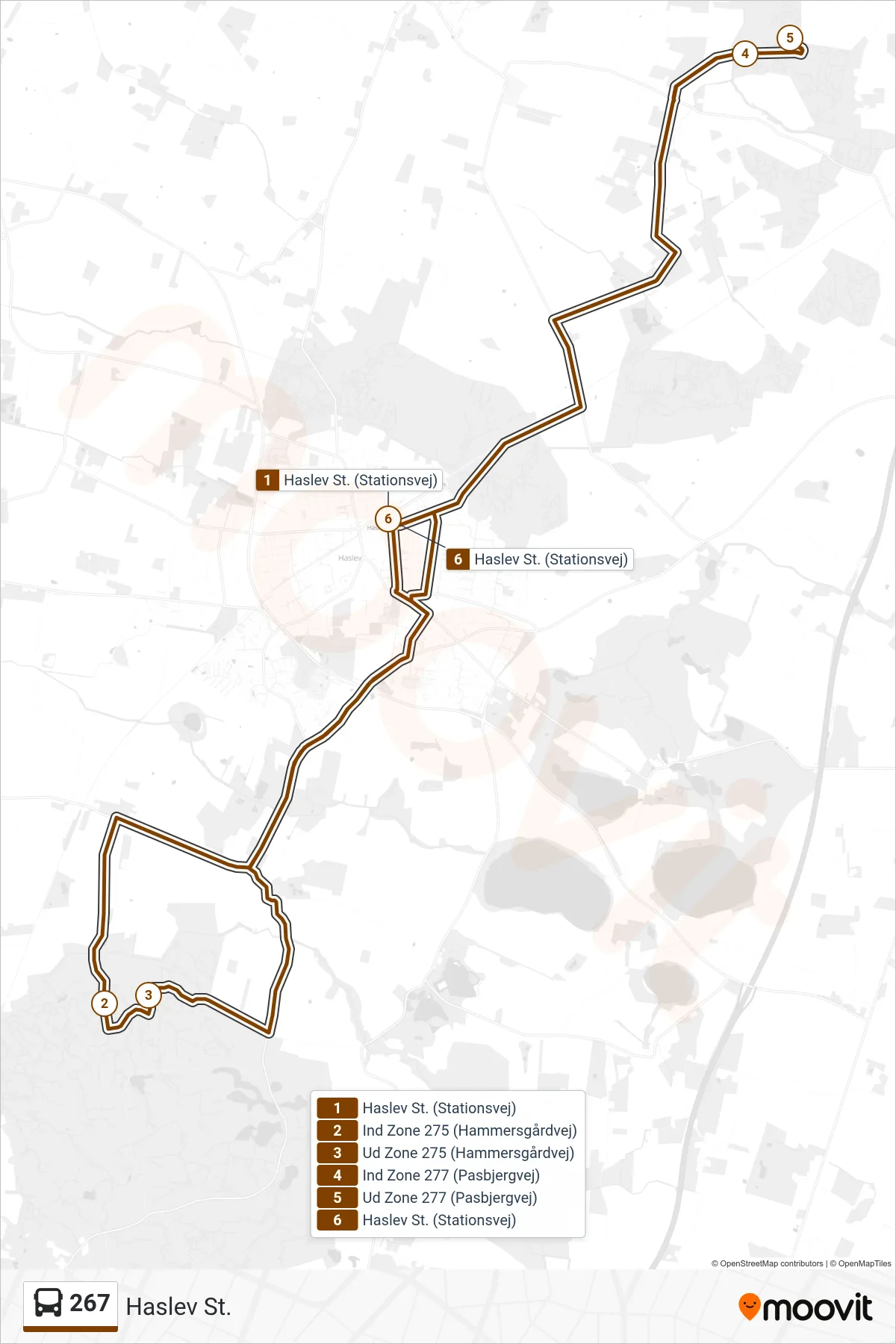 267 bus Linje (Haslev St.) rute og stop på et kort
