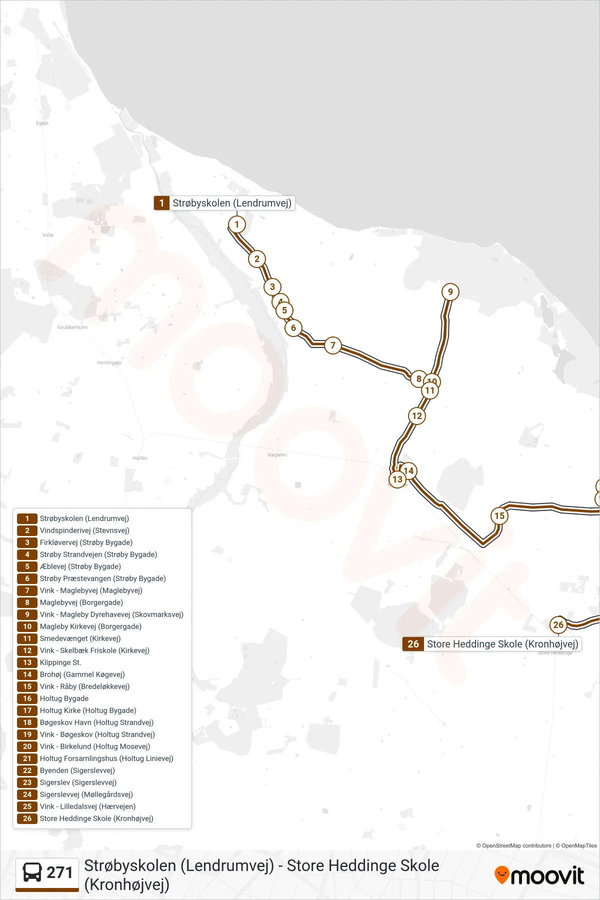 271 bus Linje (Store Heddinge Skole) rute og stop på et kort