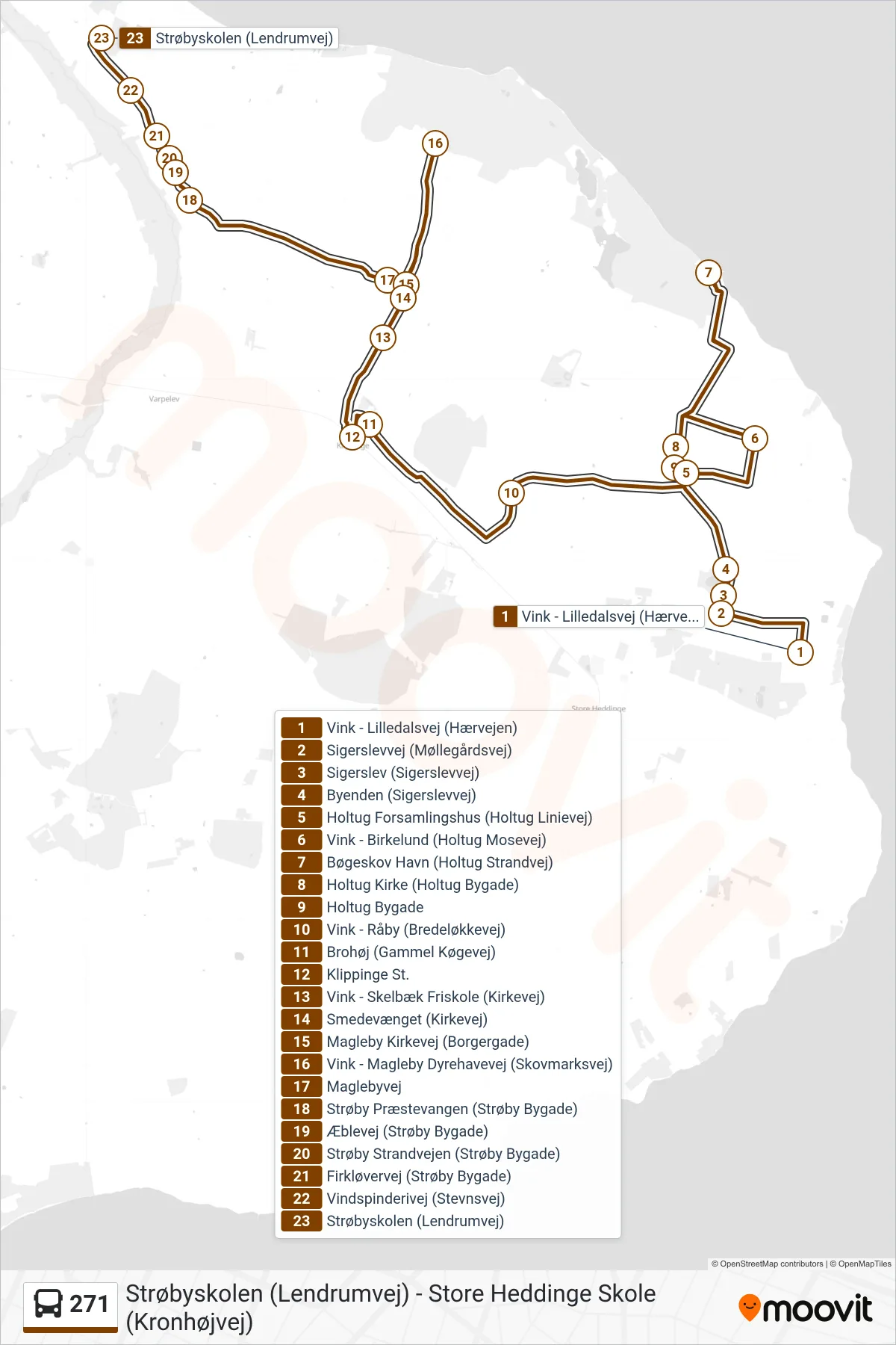 271 bus Line (Strøbyskolen) route and stops on a map