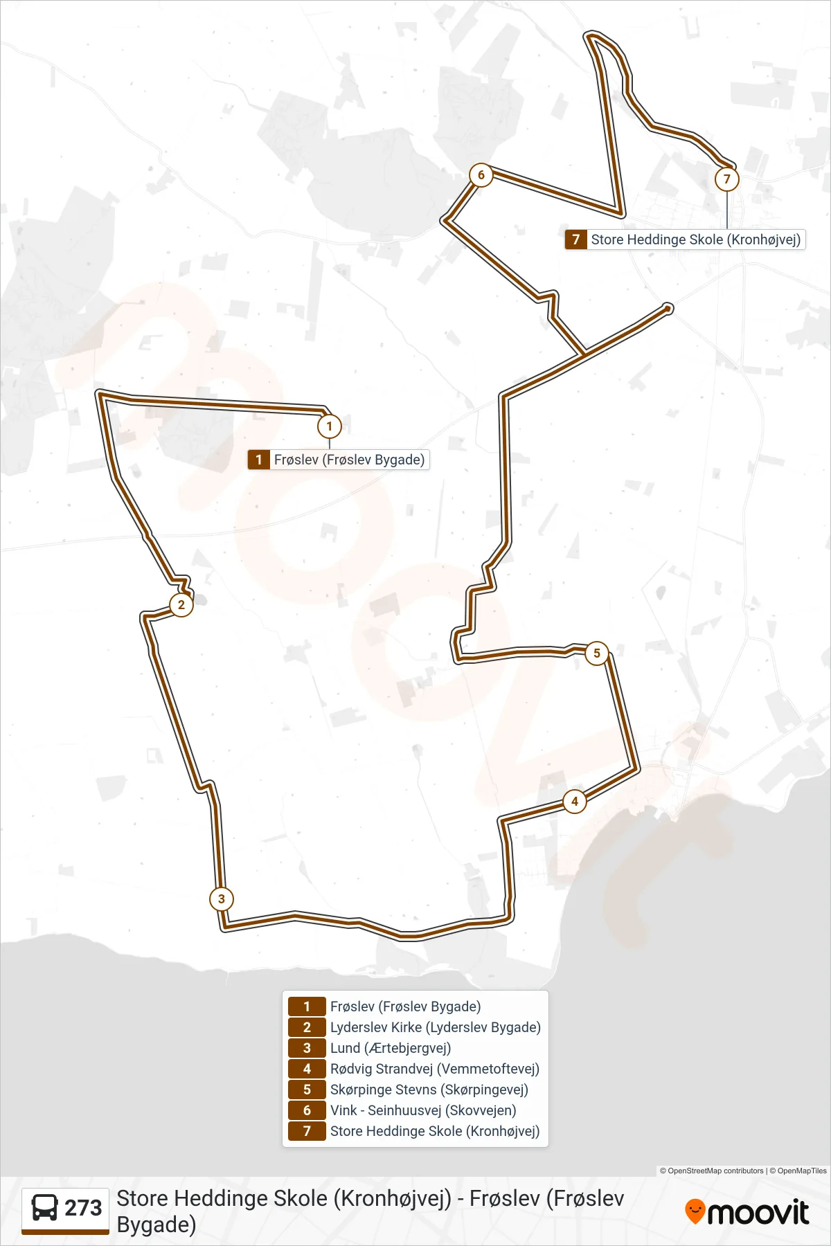 273 bus Linje (Store Heddinge Skole) rute og stop på et kort