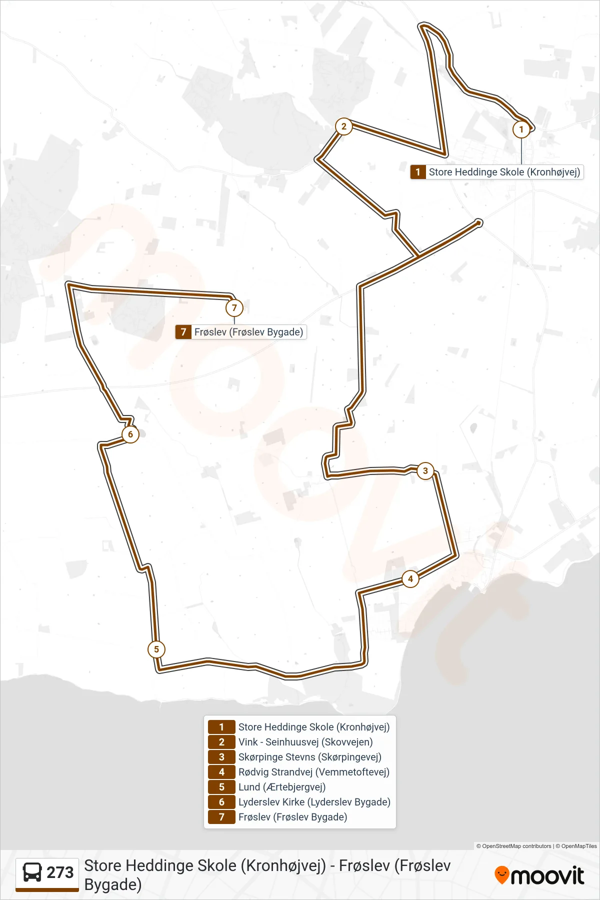 273 bus Linje (Frøslev) rute og stop på et kort