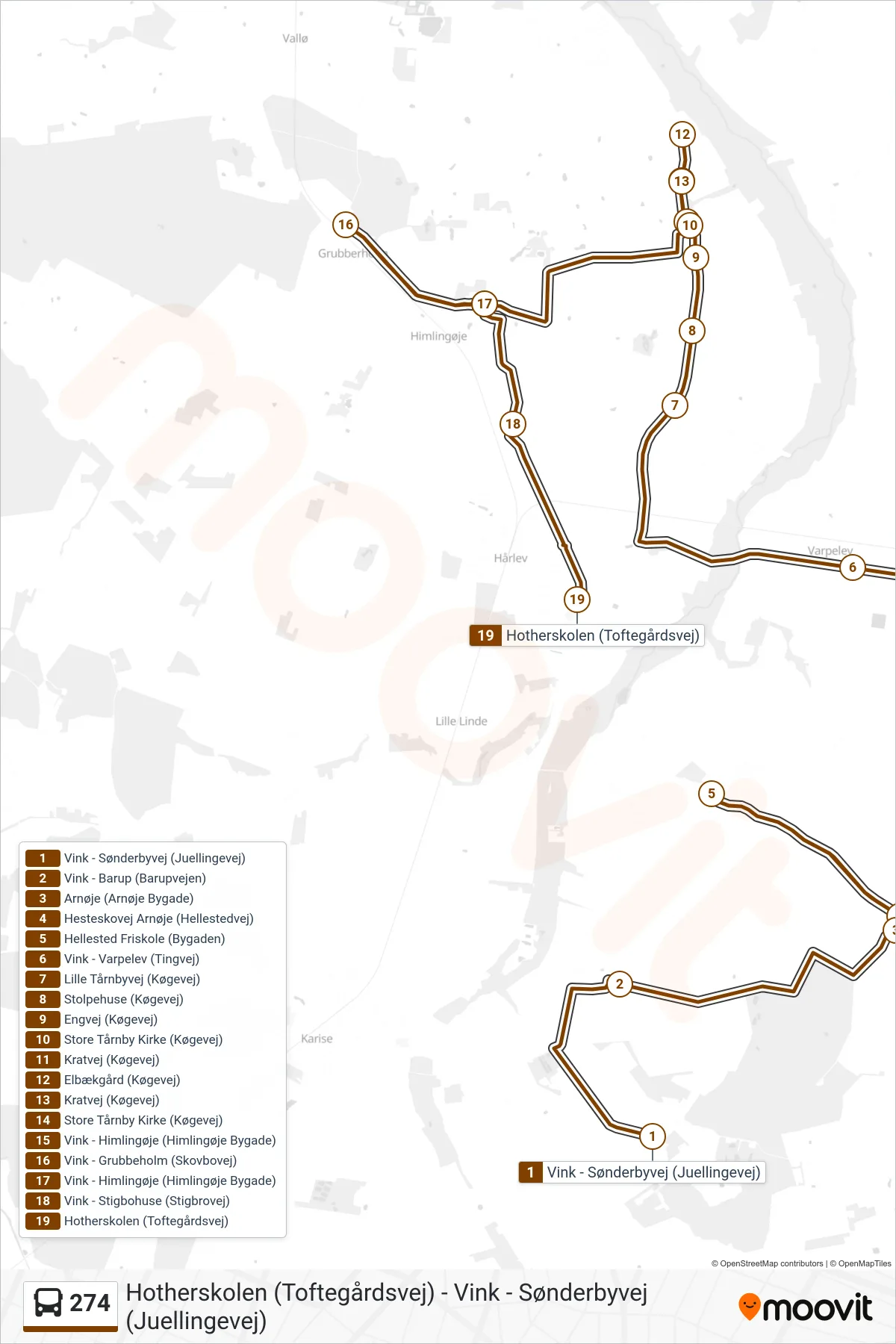 274 bus Linje (Hotherskolen) rute og stop på et kort