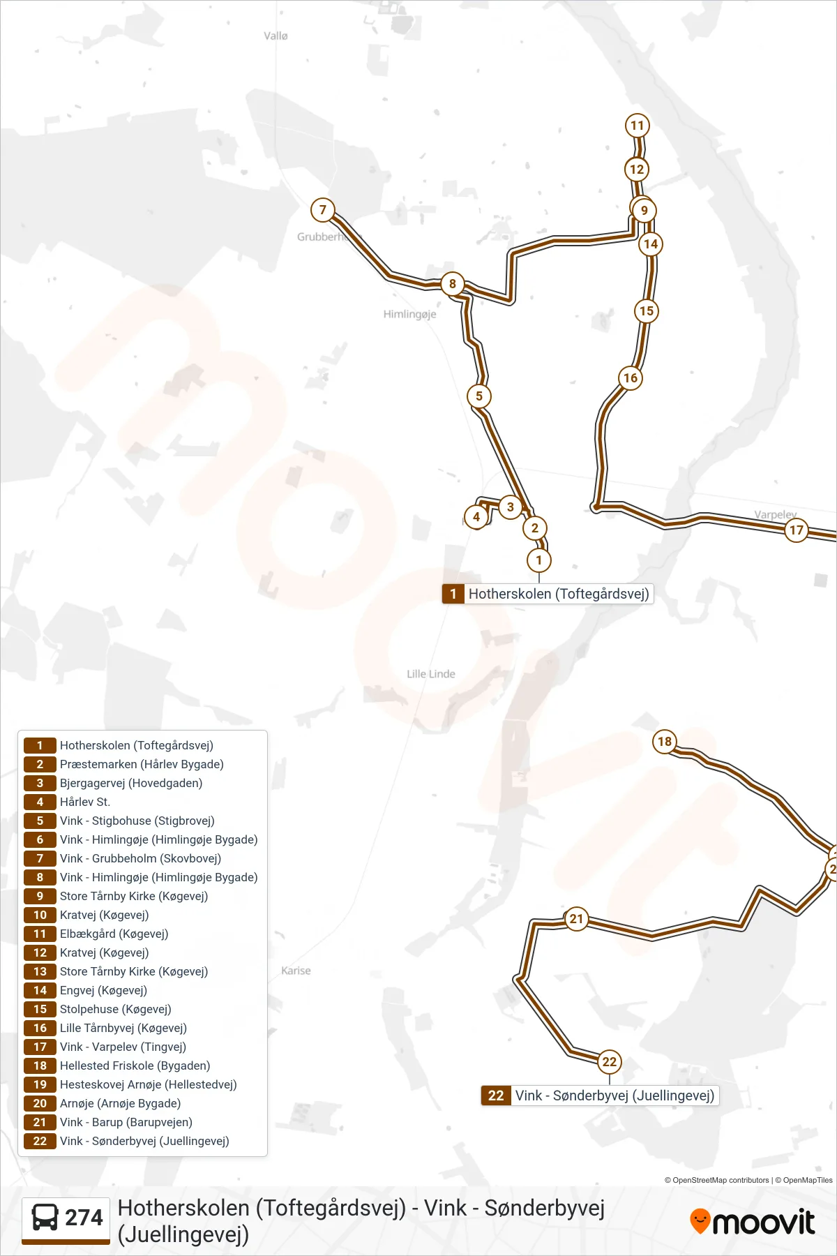 274 bus Linje (Sønderbyvej) rute og stop på et kort