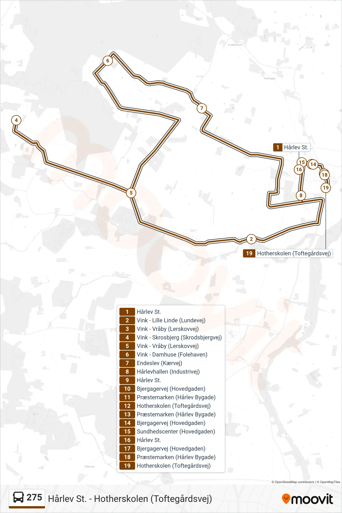275 bus Linje (Hotherskolen) rute og stop på et kort