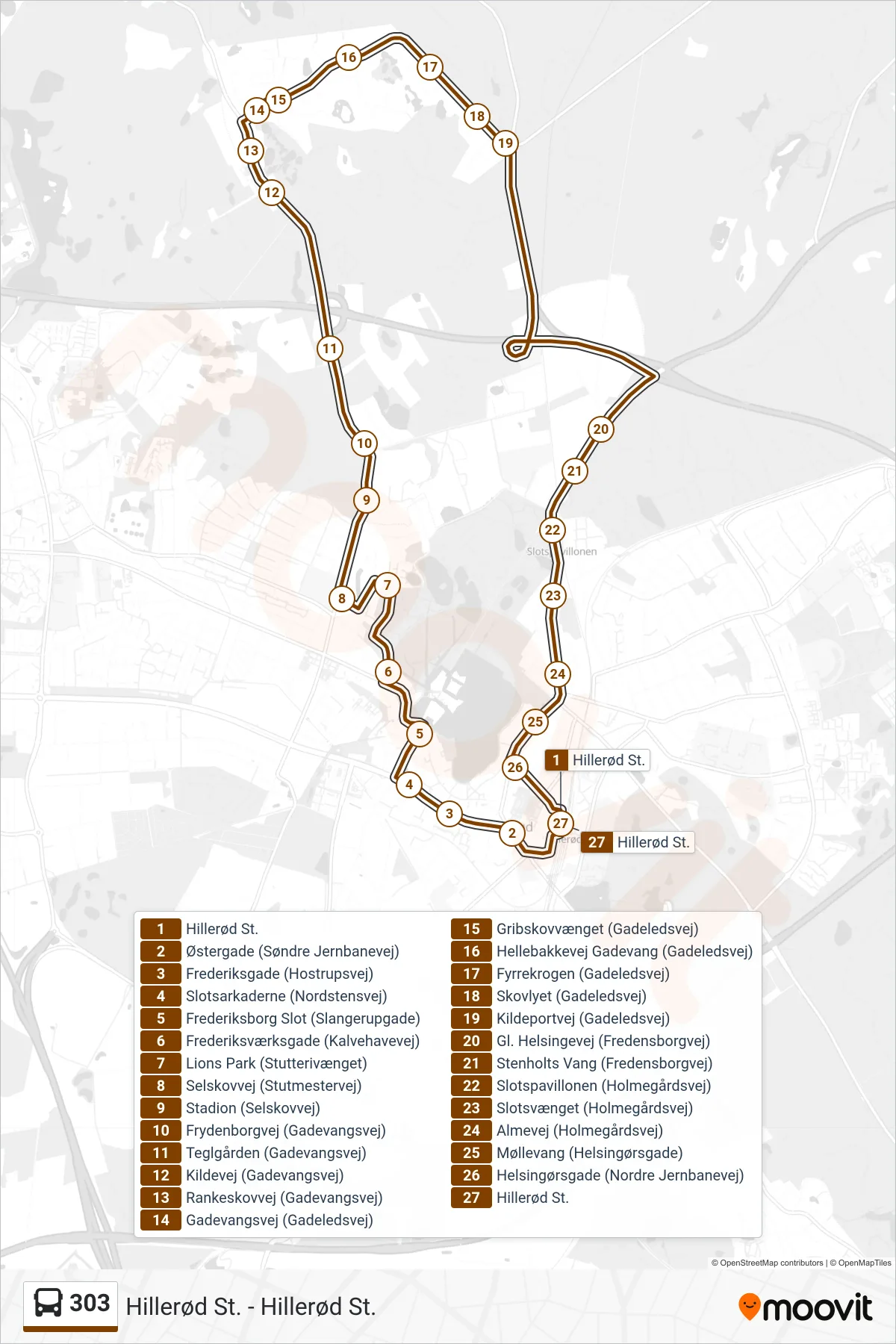 303 bus Linje (Hillerød St.) rute og stop på et kort