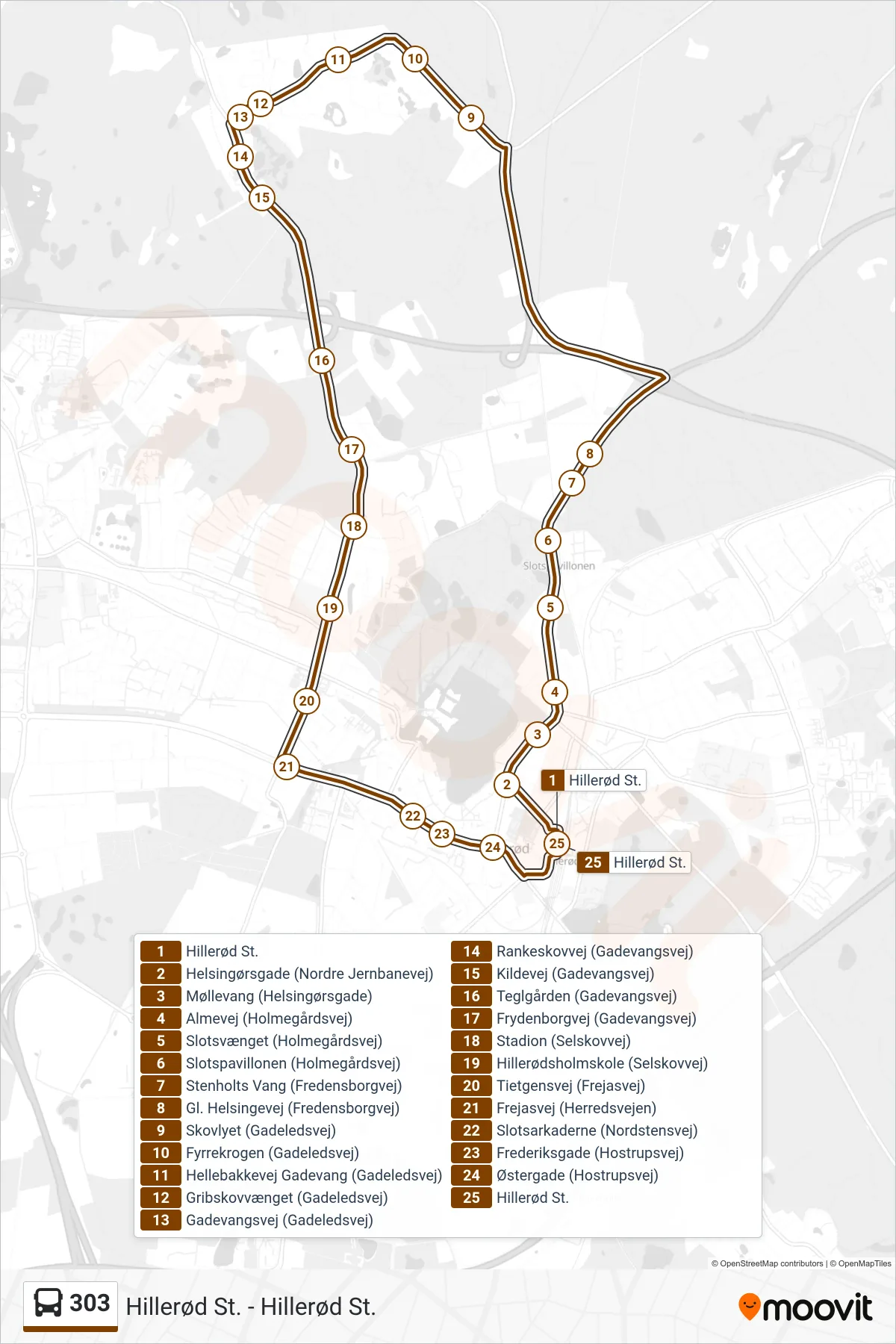 303 bus Linje (Hillerød St.) rute og stop på et kort