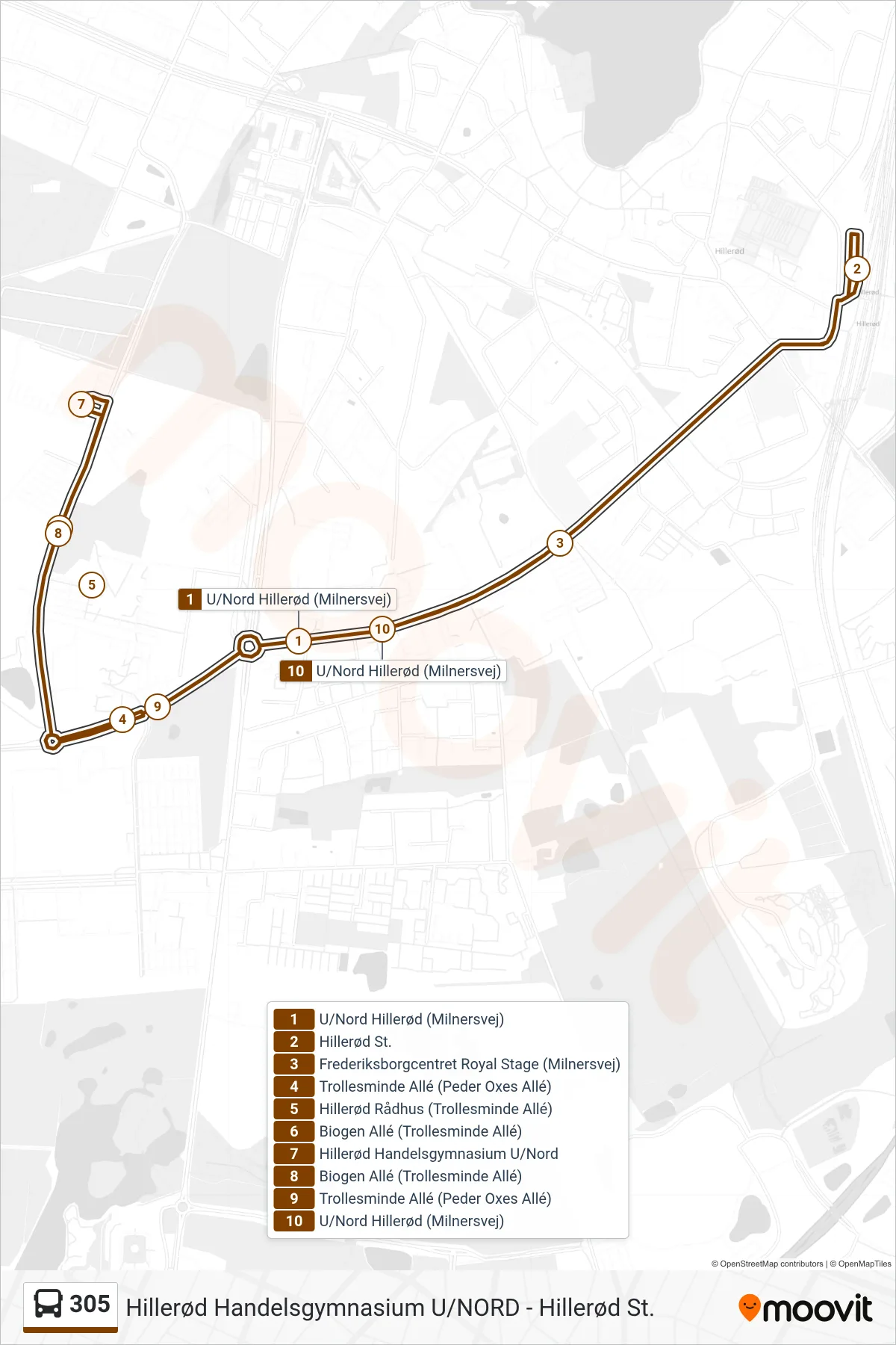 305 bus Line (Hillerød St.) route and stops on a map