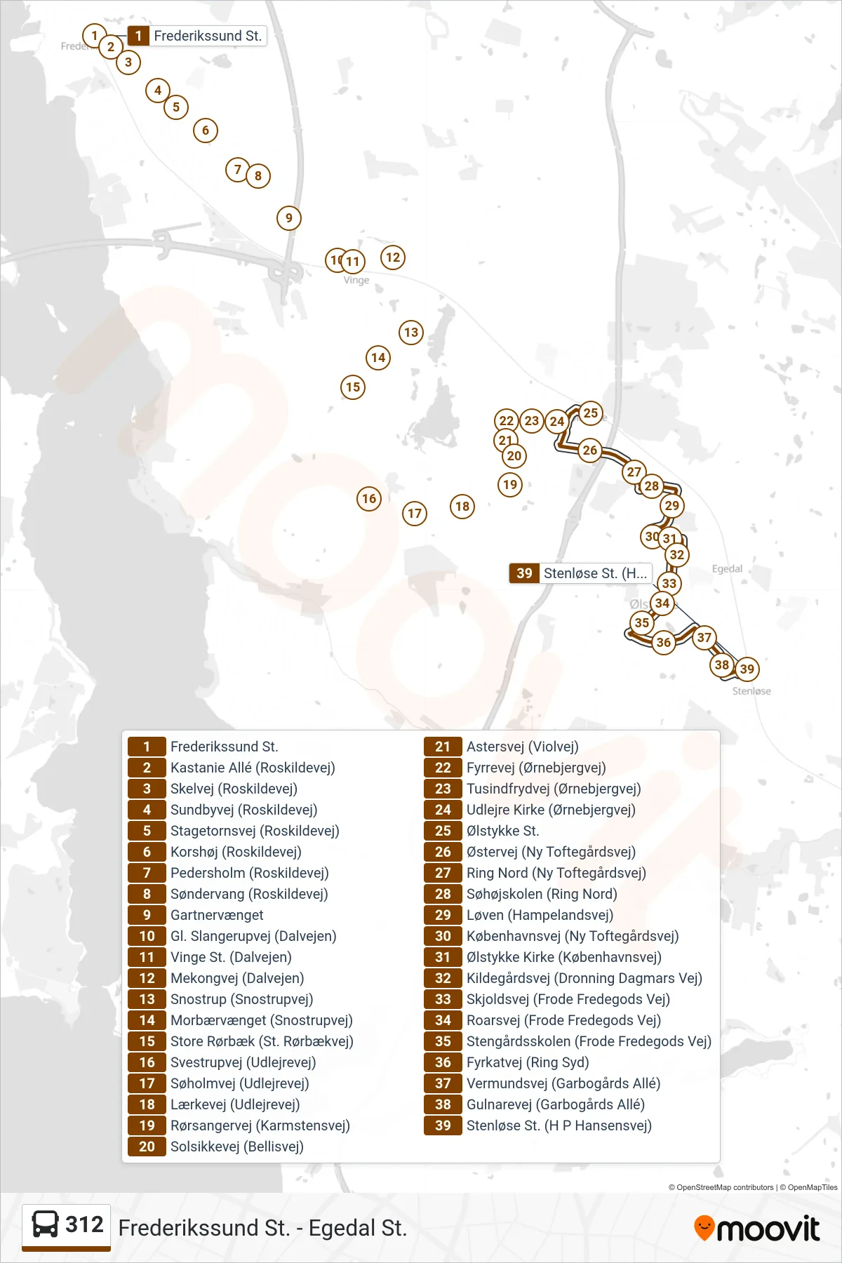 312 bus Linje (Stenløse St.) rute og stop på et kort